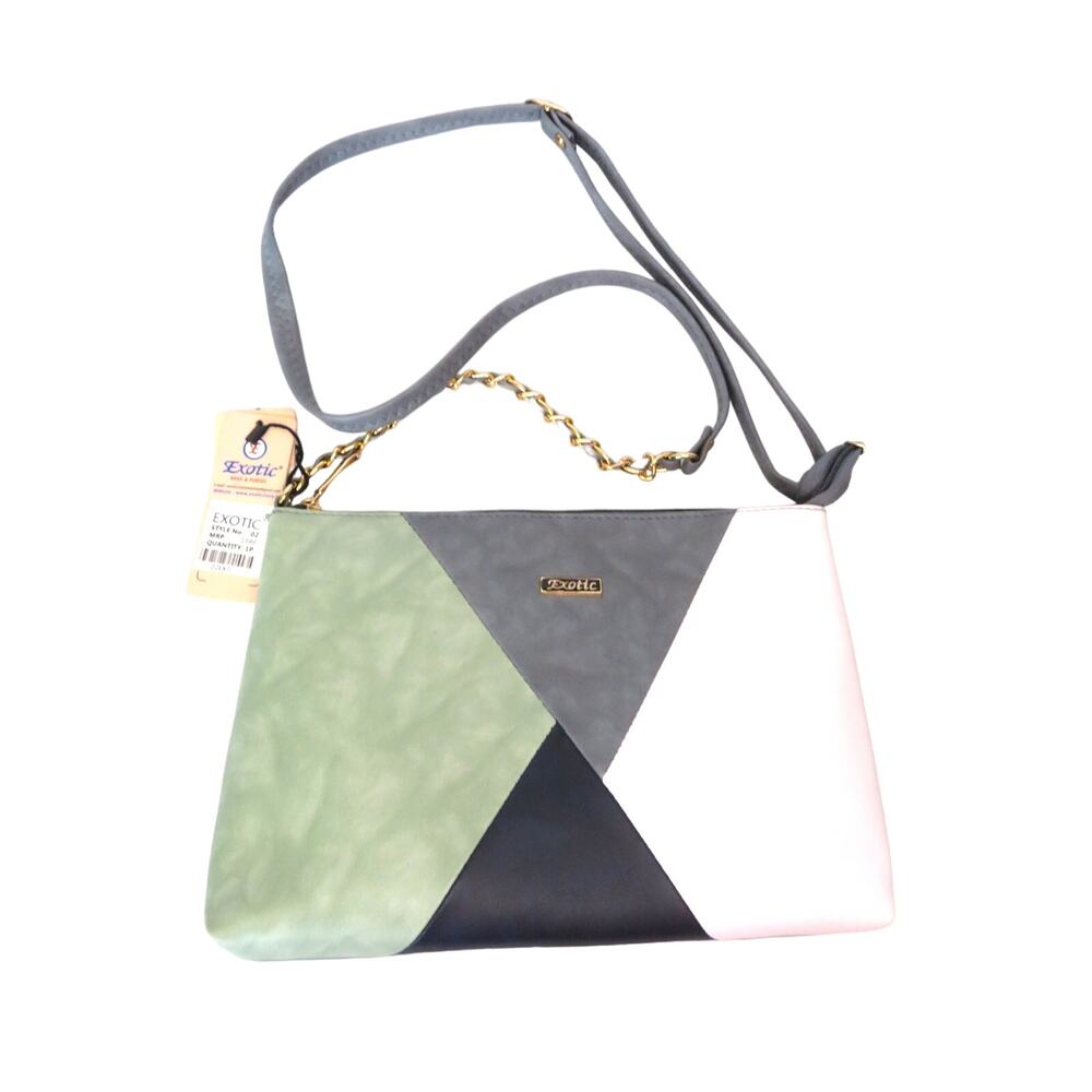 NWT EXOTIC Brand Faux Leather Crossbody Sling Bag Grey White Green Black